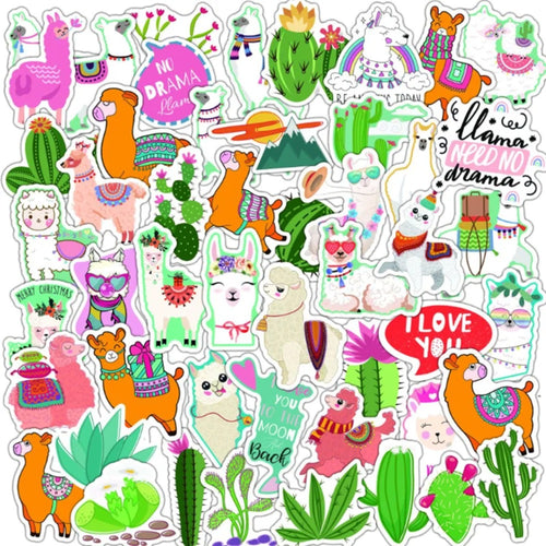 50PCS Cartoon Green Fresh Cute Alpaca Cactus Doodle Stickers Exquisite Fashion Creative DIY Journal Decorative Decals Suitable for Mugs, Helmets, Skateboards, Refrigerators, Stationery Boxes