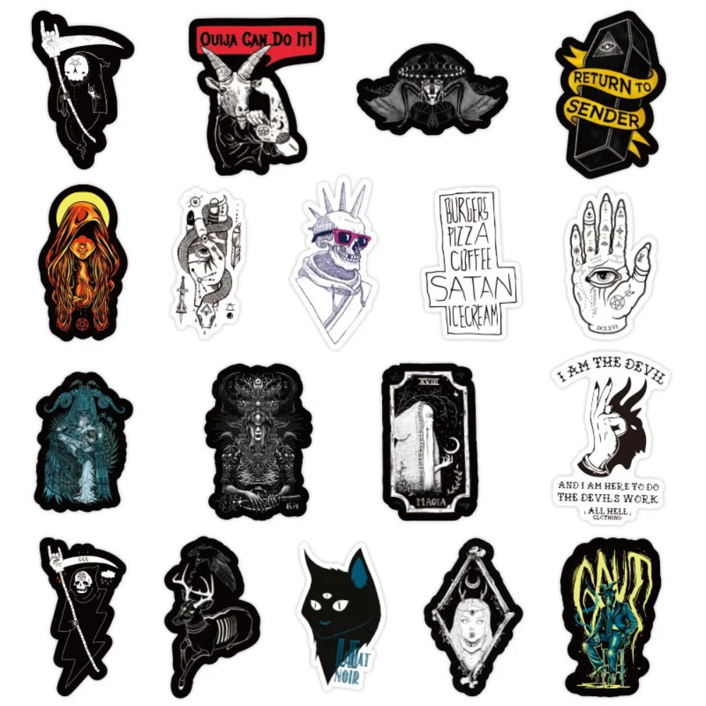 50PCS Gothic Horror Devil Skull Graffiti Stickers in Black and White Punk Style Suitable for Suitcases, Skateboards, Water Bottles, Guitars, and Stationery Boxes Decorative Decals