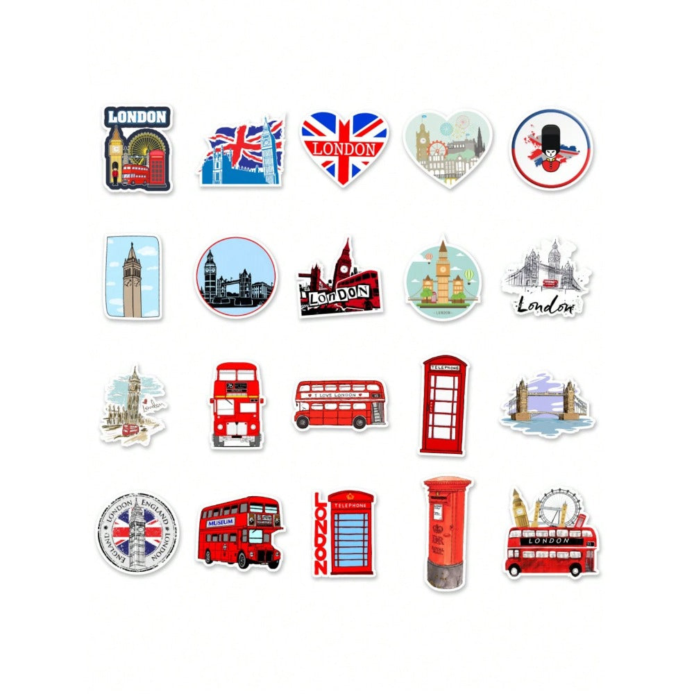 50PCS Classic Red Bus Phone Booth Graffiti Stickers, London UK, Red Design for Laptop, Trunk, Stationery Box, Desktop Decor Decals