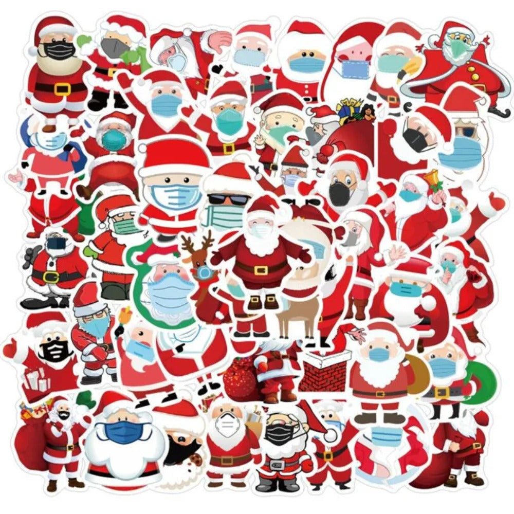 50PCS Cartoon Santa Claus Mask-Wearing Decorative Style Graffiti Stickers Exquisite, Fashionable, Creative DIY Journal Decorative Decals Suitable for Cups, Helmets, Skateboards, Refrigerators, Stationery Boxes