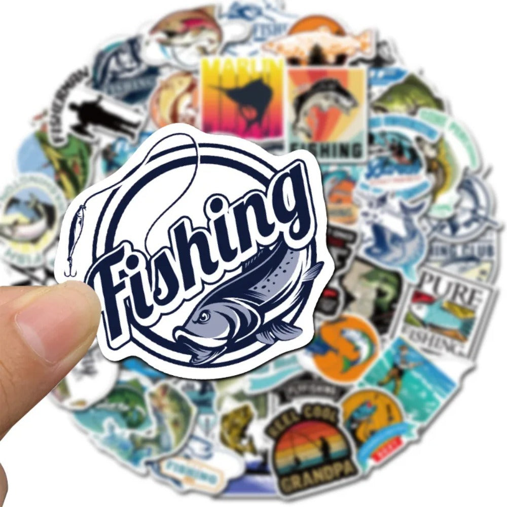 50PCS Lakeside Fishing Doodle Stickers, Serene Cartoon Decals of Rods, Hooks, and Tranquil Waters for Relaxation