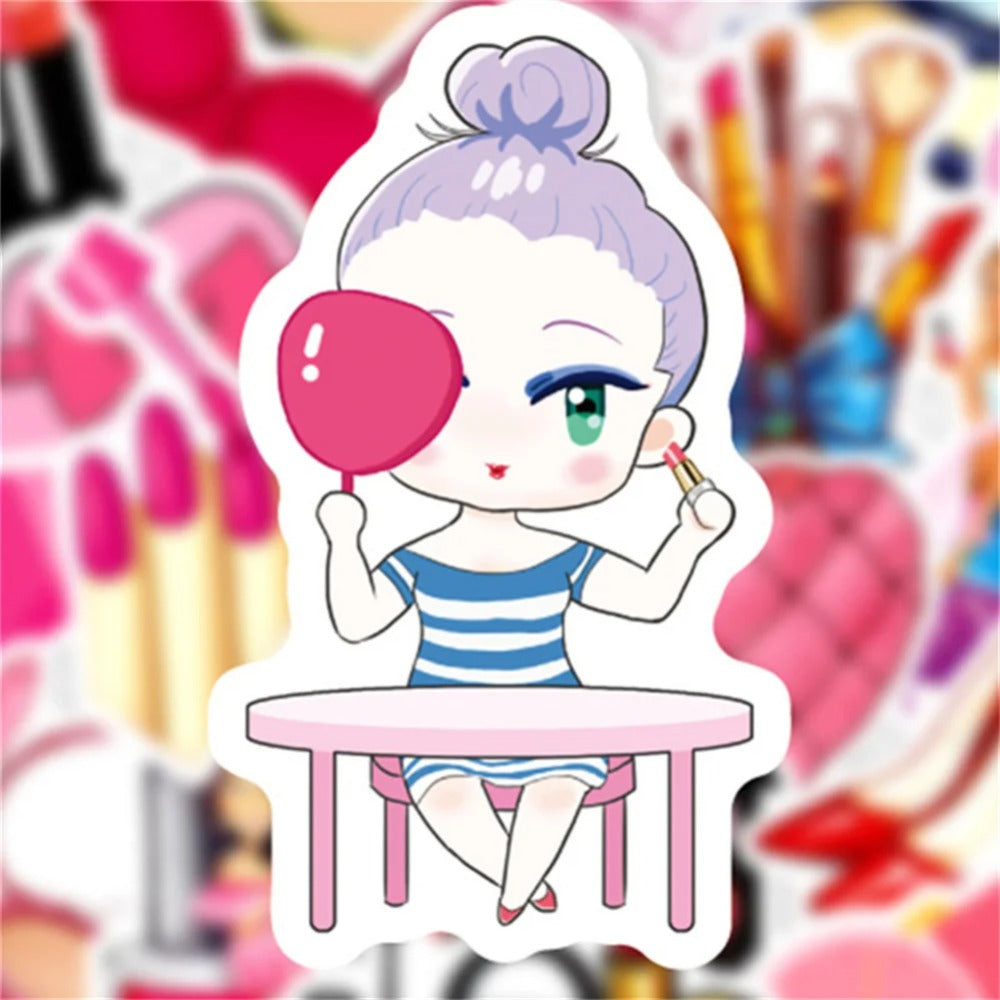 50PCS Cartoon Pink Girl Makeup Set Perfume Bottle Doodle Stickers Perfect for Journals, Skateboards, Water Bottles, Guitars, Refrigerators, Stationery Boxes Exquisite DIY Journal Decorative Decals