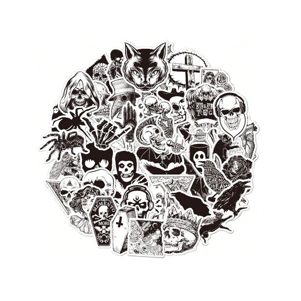 50PCS Gothic Black & White Graffiti Stickers - Exquisite, Fashionable, Creative DIY Journal Decor Decals for Cups, Helmets, Skateboards, and Stationery Cases