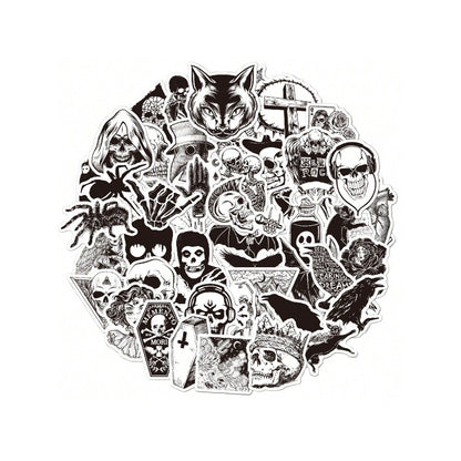 50PCS Gothic Black & White Graffiti Stickers - Exquisite, Fashionable, Creative DIY Journal Decor Decals for Cups, Helmets, Skateboards, and Stationery Cases