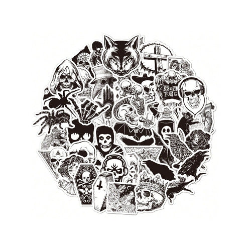 50PCS Gothic Black & White Graffiti Stickers - Exquisite, Fashionable, Creative DIY Journal Decor Decals for Cups, Helmets, Skateboards, and Stationery Cases