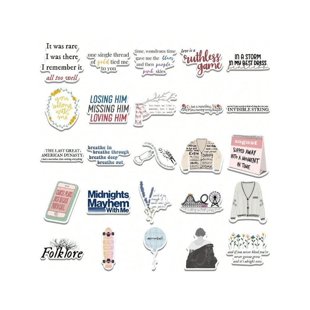 52PCS Taylor Swift Album Lyrics Graffiti Stickers Exquisite and Stylish DIY Decorative Decals Suitable for Helmets, Skateboards, Guitars, Refrigerators, Stationery Boxes, and Desktops