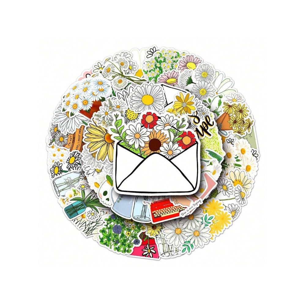 50PCS Cartoon Daisy Mini Flower Doodle Stickers Exquisite, Fashionable, Creative DIY Journal Decorations Suitable for Refrigerators, Guitars, Helmets, Water Bottles, Skateboards, and Stationery Boxes