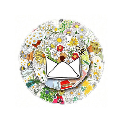 50PCS Cartoon Daisy Mini Flower Doodle Stickers Exquisite, Fashionable, Creative DIY Journal Decorations Suitable for Refrigerators, Guitars, Helmets, Water Bottles, Skateboards, and Stationery Boxes
