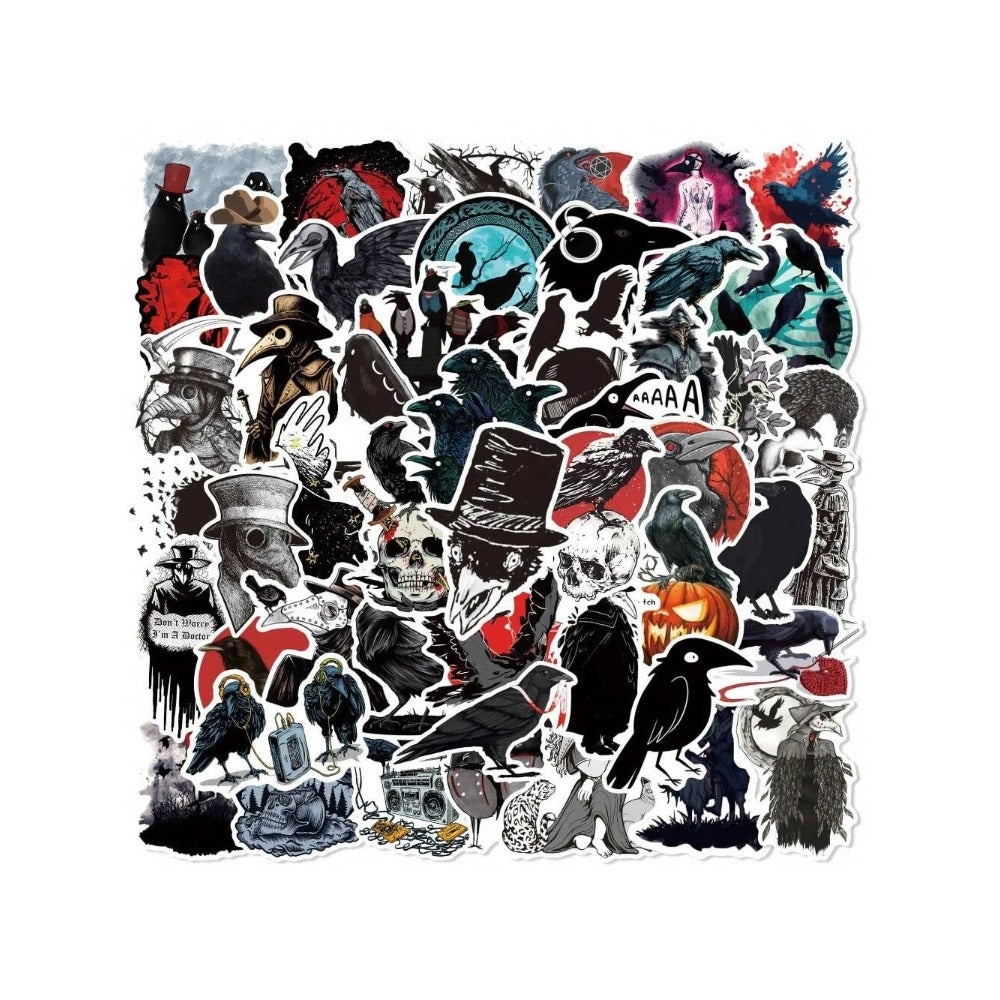 50PCS Cartoon Scary Crow Doodle Stickers Exquisite, Stylish, Creative Journal Decor Decals Suitable for Helmets, Guitars, Skateboards, Bags, Water Bottles, and Stationery Cases