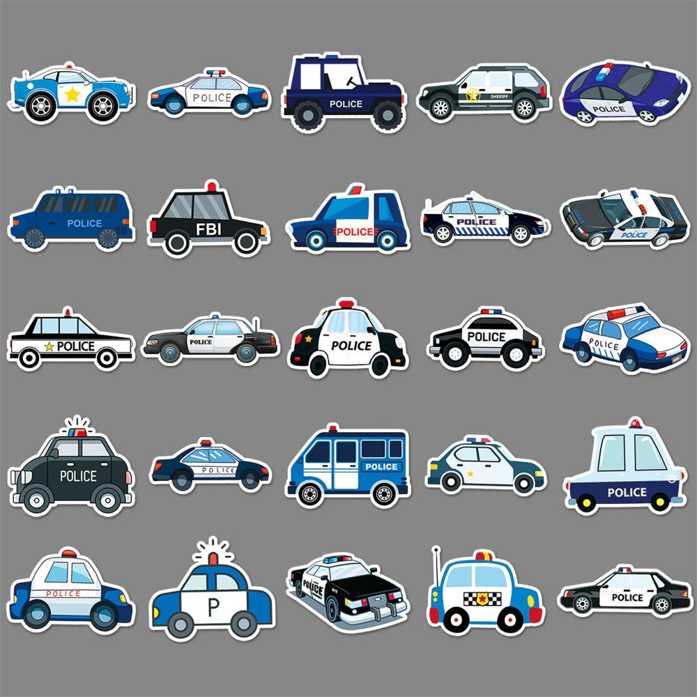 50PCS Cartoon Police Car Graffiti Stickers - Urban Patrol & Authority Theme Vinyl Decals for Street Art Journals, Social Commentary DIY, Edgy Aesthetic Projects & Creative Activism Crafts