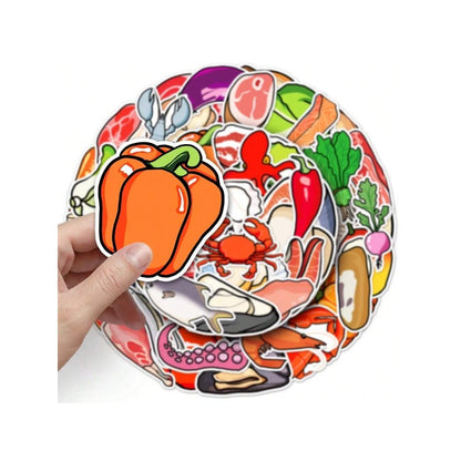 50PCS Cartoon Food Doodle Stickers - Exquisite Creative DIY Decorative Decals for Skateboards, Guitars, Laptops, Stationery Boxes, and Desktops