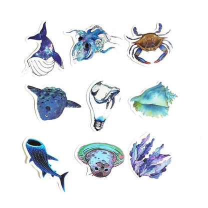 50PCS Blue Sea Creatures Stickers, Cute Cartoon Whale Shark Octopus Turtle Doodle Vinyl Decals for Water Bottle Laptop Hydro Flask Scrapbook Journal DIY Kids Craft Decor