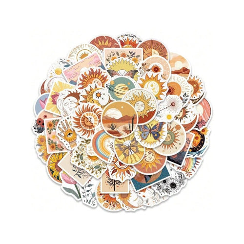 50PCS Cartoon Bohemian Sunflower and Cat Doodle Stickers Exquisite and Stylish DIY Journal Decorative Decals Suitable for Skateboards, Guitars, Helmets, Water Bottles, and Stationery Cases