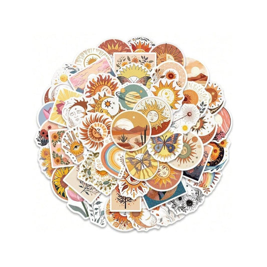 50PCS Cartoon Bohemian Sunflower and Cat Doodle Stickers Exquisite and Stylish DIY Journal Decorative Decals Suitable for Skateboards, Guitars, Helmets, Water Bottles, and Stationery Cases