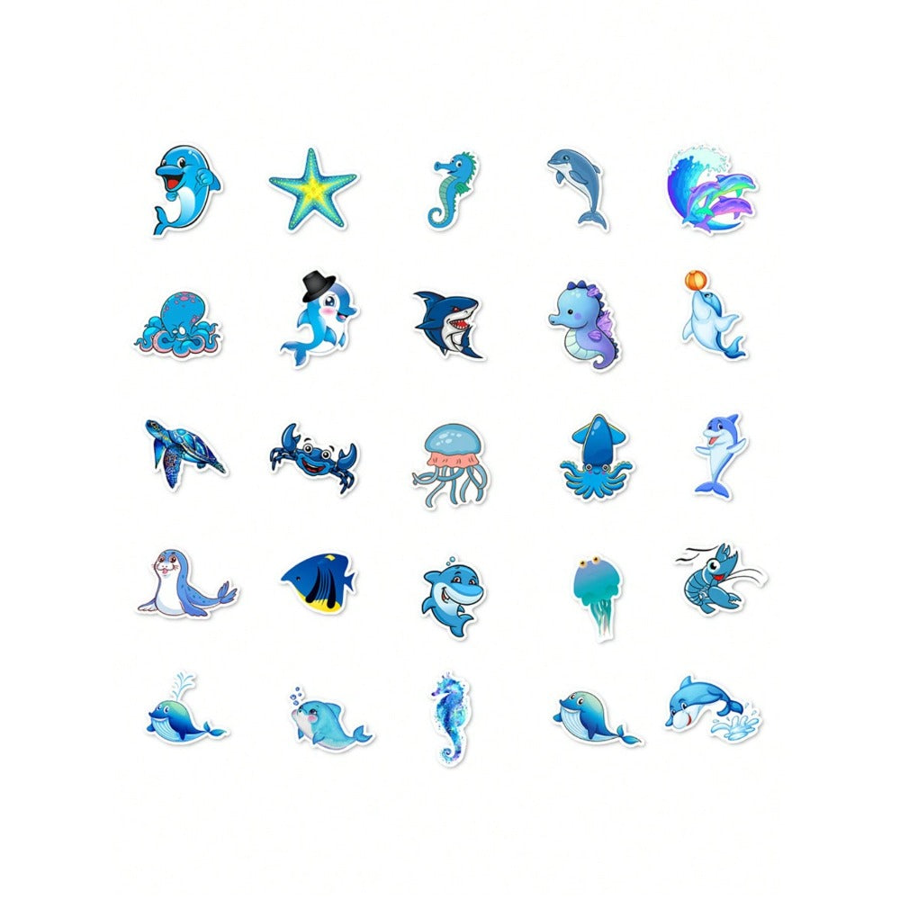 50PCS Cartoon Blue Marine Creature Doodle Stickers Exquisite, Stylish, Creative DIY Journal Decorations Suitable for Cups, Helmets, Skateboards, Pencil Cases, and Desktops