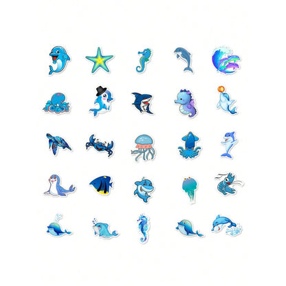 50PCS Cartoon Blue Marine Creature Doodle Stickers Exquisite, Stylish, Creative DIY Journal Decorations Suitable for Cups, Helmets, Skateboards, Pencil Cases, and Desktops