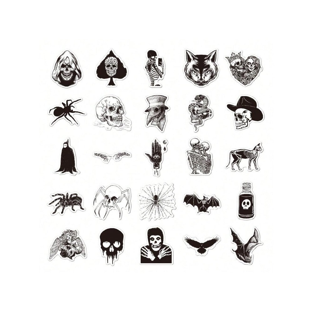 50PCS Gothic Black & White Graffiti Stickers - Exquisite, Fashionable, Creative DIY Journal Decor Decals for Cups, Helmets, Skateboards, and Stationery Cases