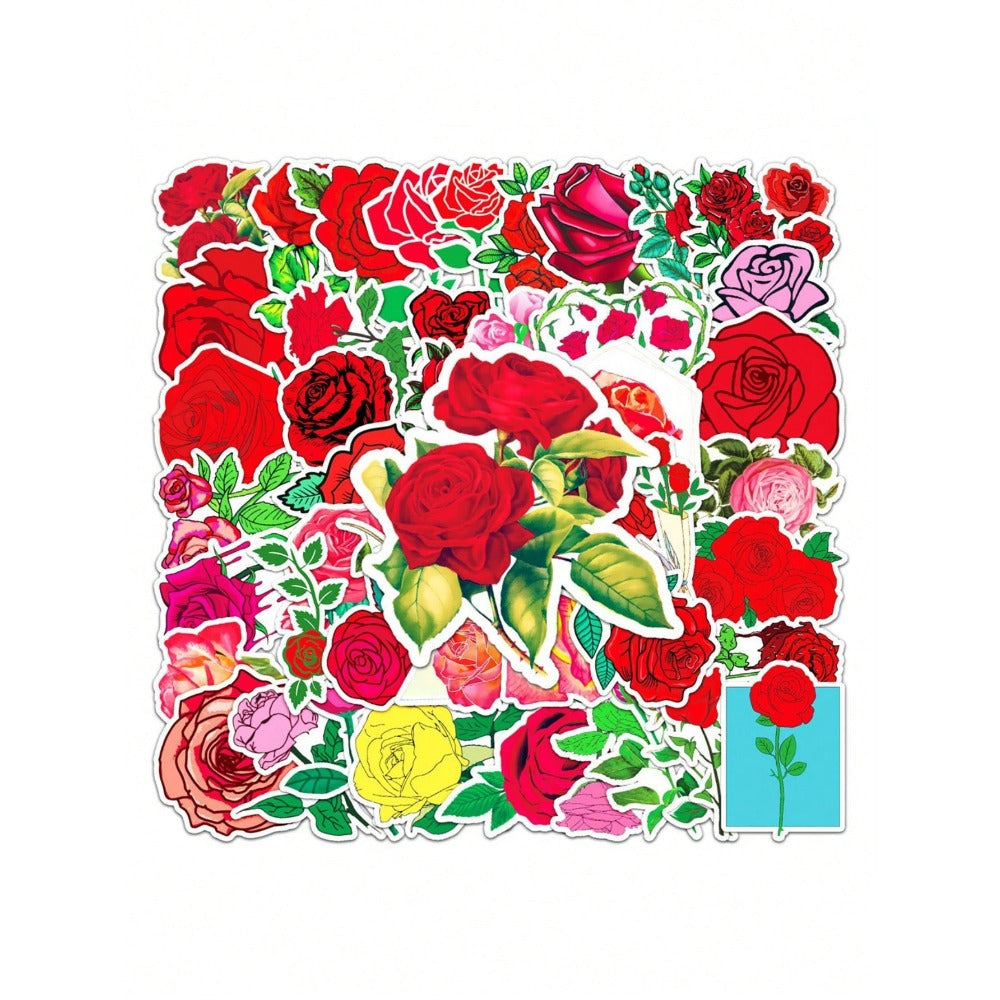 50PCS Red Rose Cartoon Doodle Stickers Exquisite, Fashionable, Creative DIY Decorative Decals Perfect for Cups, Helmets, Skateboards, Refrigerators, and Stationery Boxes
