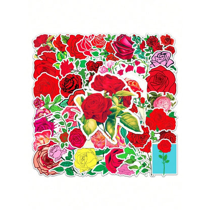 50PCS Red Rose Cartoon Doodle Stickers Exquisite, Fashionable, Creative DIY Decorative Decals Perfect for Cups, Helmets, Skateboards, Refrigerators, and Stationery Boxes