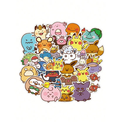 50PCS Japanese Anime Pokémon Chibi-Style Adorable Doodle Stickers Exquisite, Fashionable, Creative DIY Decorative Stickers for Notebooks Suitable for Cups, Helmets, Skateboards, Stationery Boxes, and Desktops