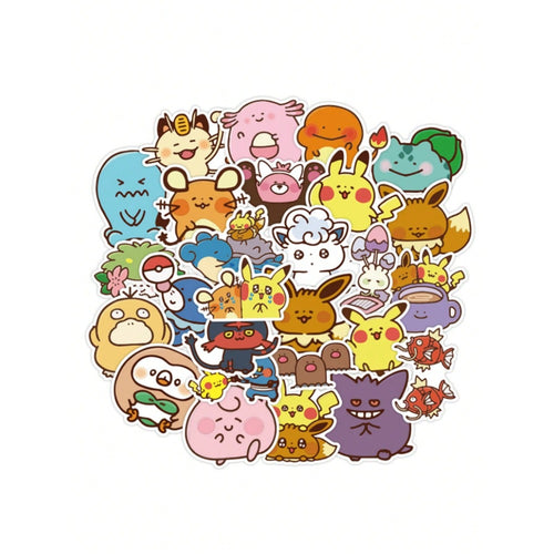 50PCS Japanese Anime Pokémon Chibi-Style Adorable Doodle Stickers Exquisite, Fashionable, Creative DIY Decorative Stickers for Notebooks Suitable for Cups, Helmets, Skateboards, Stationery Boxes, and Desktops