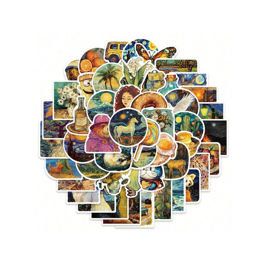 50PCS Cartoon Oil Painting Vintage Series Doodle Stickers Exquisite Creative DIY Journal Decorative Decals Suitable for Skateboards, Guitars, Water Bottles, Helmets, and Stationery Boxes