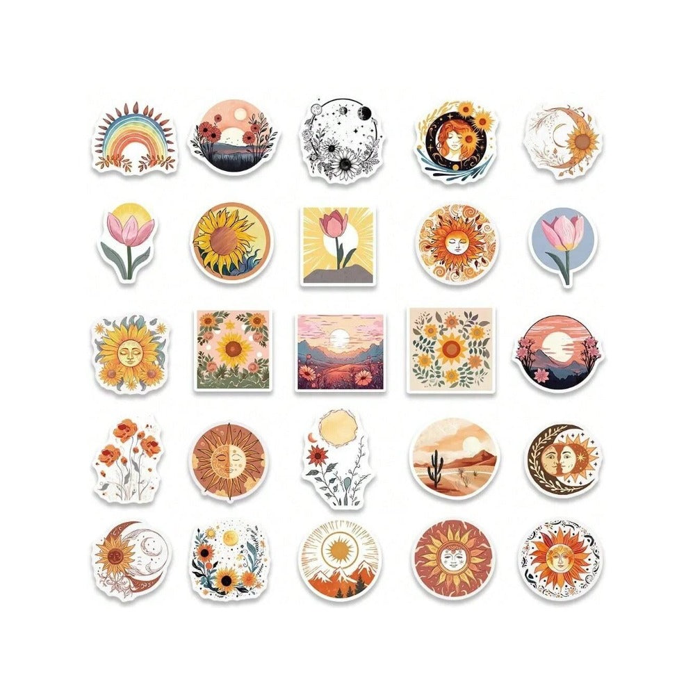 50PCS Cartoon Bohemian Sunflower and Cat Doodle Stickers Exquisite and Stylish DIY Journal Decorative Decals Suitable for Skateboards, Guitars, Helmets, Water Bottles, and Stationery Cases