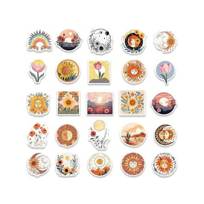 50PCS Cartoon Bohemian Sunflower and Cat Doodle Stickers Exquisite and Stylish DIY Journal Decorative Decals Suitable for Skateboards, Guitars, Helmets, Water Bottles, and Stationery Cases