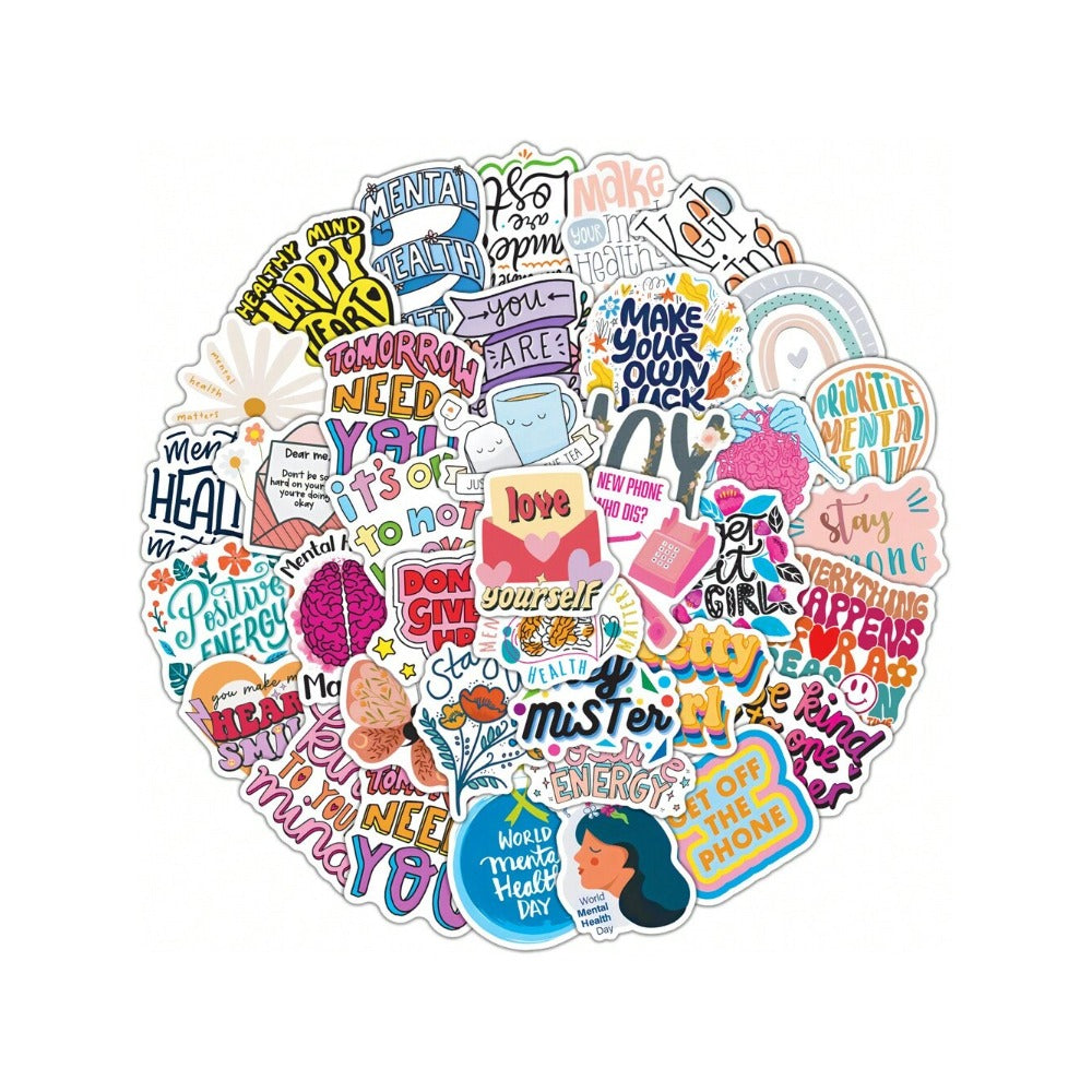 50PCS Cartoon Mental Health Text Doodle Stickers Exquisite Creative Fashion DIY Journal Decorative Decals Suitable for Helmets, Water Bottles, Guitars, Skateboards, and Stationery Cases