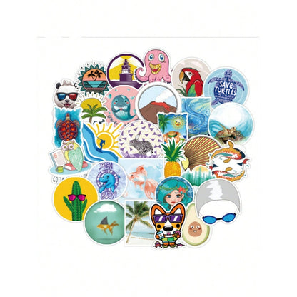 50PCS Cartoon Summer Beach Scenery Doodle Stickers Exquisite, Fashionable & Creative DIY Decorative Stickers for Notebooks Suitable for Cups, Helmets, Skateboards & Stationery Boxes
