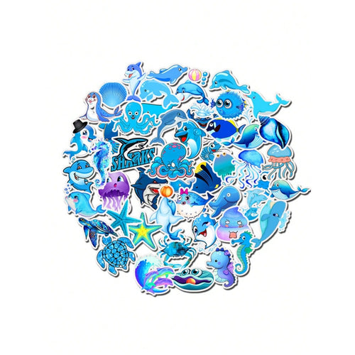 50PCS Cartoon Blue Marine Creature Doodle Stickers Exquisite, Stylish, Creative DIY Journal Decorations Suitable for Cups, Helmets, Skateboards, Pencil Cases, and Desktops