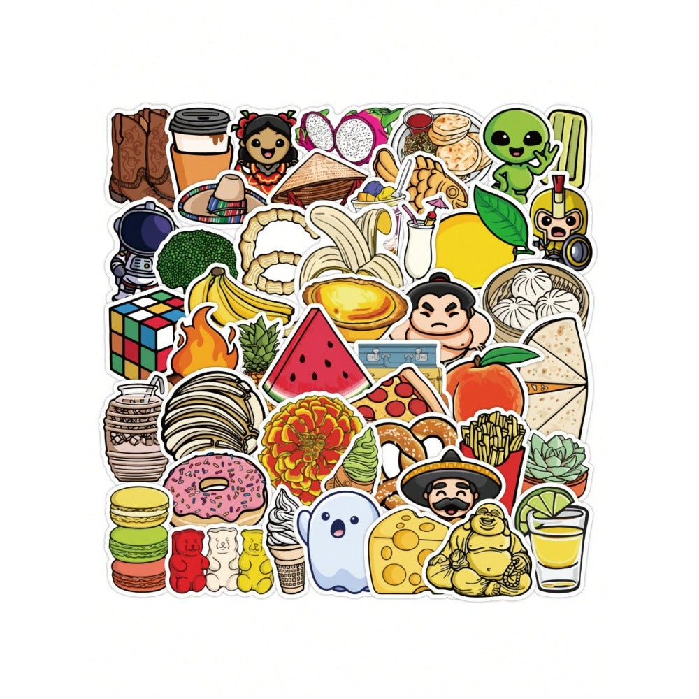 50PCS Cartoon Cute Food Decoration Doodle Stickers Exquisite Fashion Creative DIY Journal Stickers Suitable for Cups, Helmets, Skateboards, Laptops, and Stationery Boxes