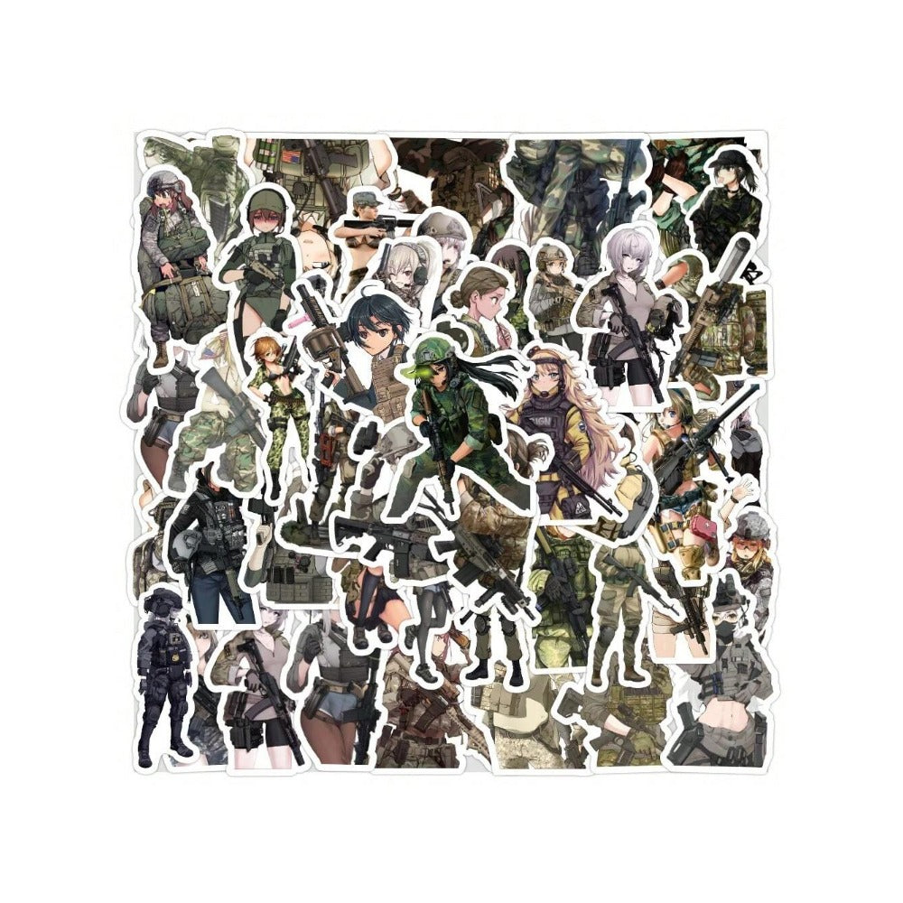50PCS Cartoon Camouflage Military Girl Graffiti Stickers Exquisite Fashion Creative DIY Journal Decor Decals Suitable for Skateboard Helmets, Refrigerators, Guitars, Stationery Boxes, and Desktops