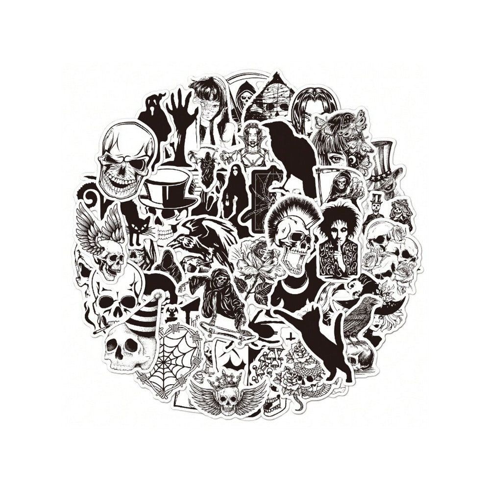 50PCS Cartoon Black & White Gothic Horror Doodle Stickers Exquisite, Fashionable, Creative DIY Journal Decor Decals Suitable for Water Bottles, Helmets, Skateboards, Pencil Cases