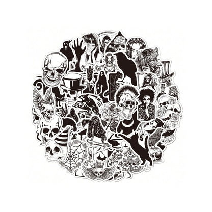 50PCS Cartoon Black & White Gothic Horror Doodle Stickers Exquisite, Fashionable, Creative DIY Journal Decor Decals Suitable for Water Bottles, Helmets, Skateboards, Pencil Cases