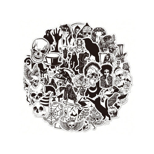 50PCS Cartoon Black & White Gothic Horror Doodle Stickers Exquisite, Fashionable, Creative DIY Journal Decor Decals Suitable for Water Bottles, Helmets, Skateboards, Pencil Cases