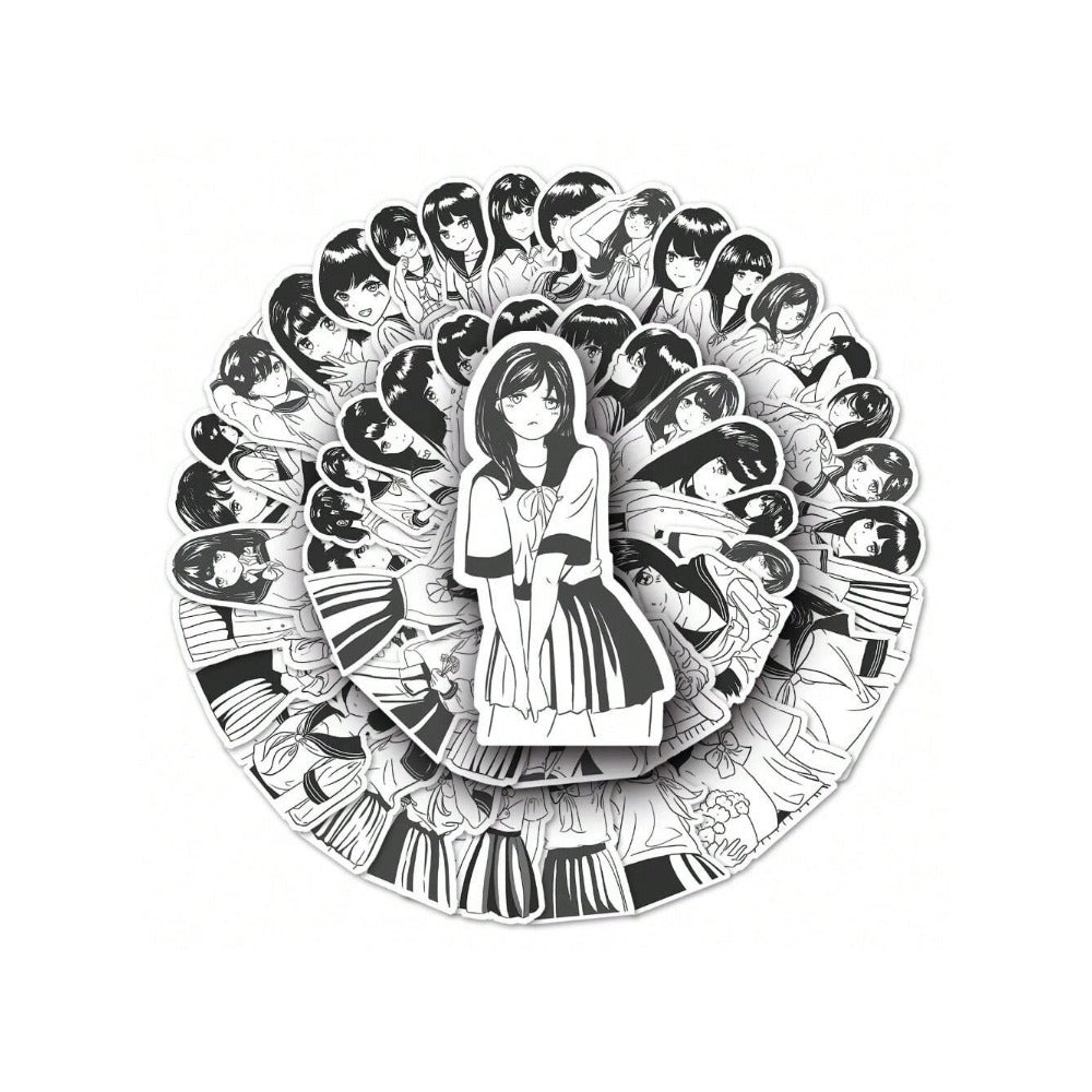 50PCS Black & White JK Uniform Cartoon Girl Doodle Stickers Exquisite DIY Creative Decorative Stickers for Notebooks Suitable for Cups, Suitcases, Refrigerators, Helmets, Guitars, and Stationery Boxes