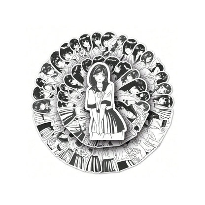 50PCS Black & White JK Uniform Cartoon Girl Doodle Stickers Exquisite DIY Creative Decorative Stickers for Notebooks Suitable for Cups, Suitcases, Refrigerators, Helmets, Guitars, and Stationery Boxes
