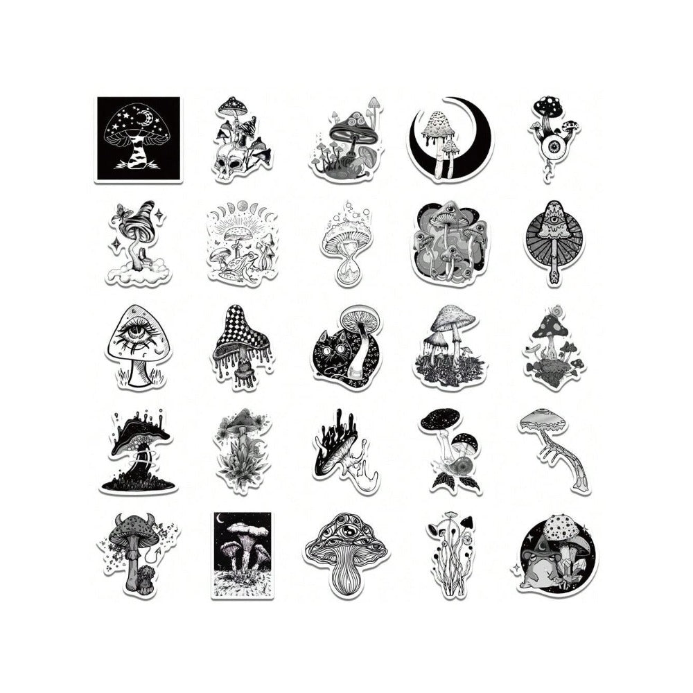 50PCS Gothic Horror Mushroom Series Graffiti Stickers Exquisite Fashion Punk Black & White Skull DIY Journal Decor Decals Suitable for Refrigerators, Helmets, Skateboards, Water Bottles, Stationery Boxes