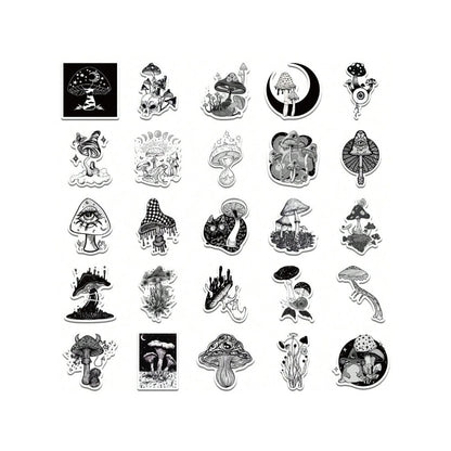 50PCS Gothic Horror Mushroom Series Graffiti Stickers Exquisite Fashion Punk Black & White Skull DIY Journal Decor Decals Suitable for Refrigerators, Helmets, Skateboards, Water Bottles, Stationery Boxes