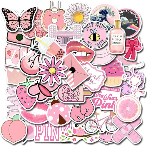 50PCS Cute Cartoon Girl Pink Fresh Doodle Stickers for Notebooks, Luggage, Skateboards, Water Bottles, and More—Perfect DIY Desktop Decor Decals
