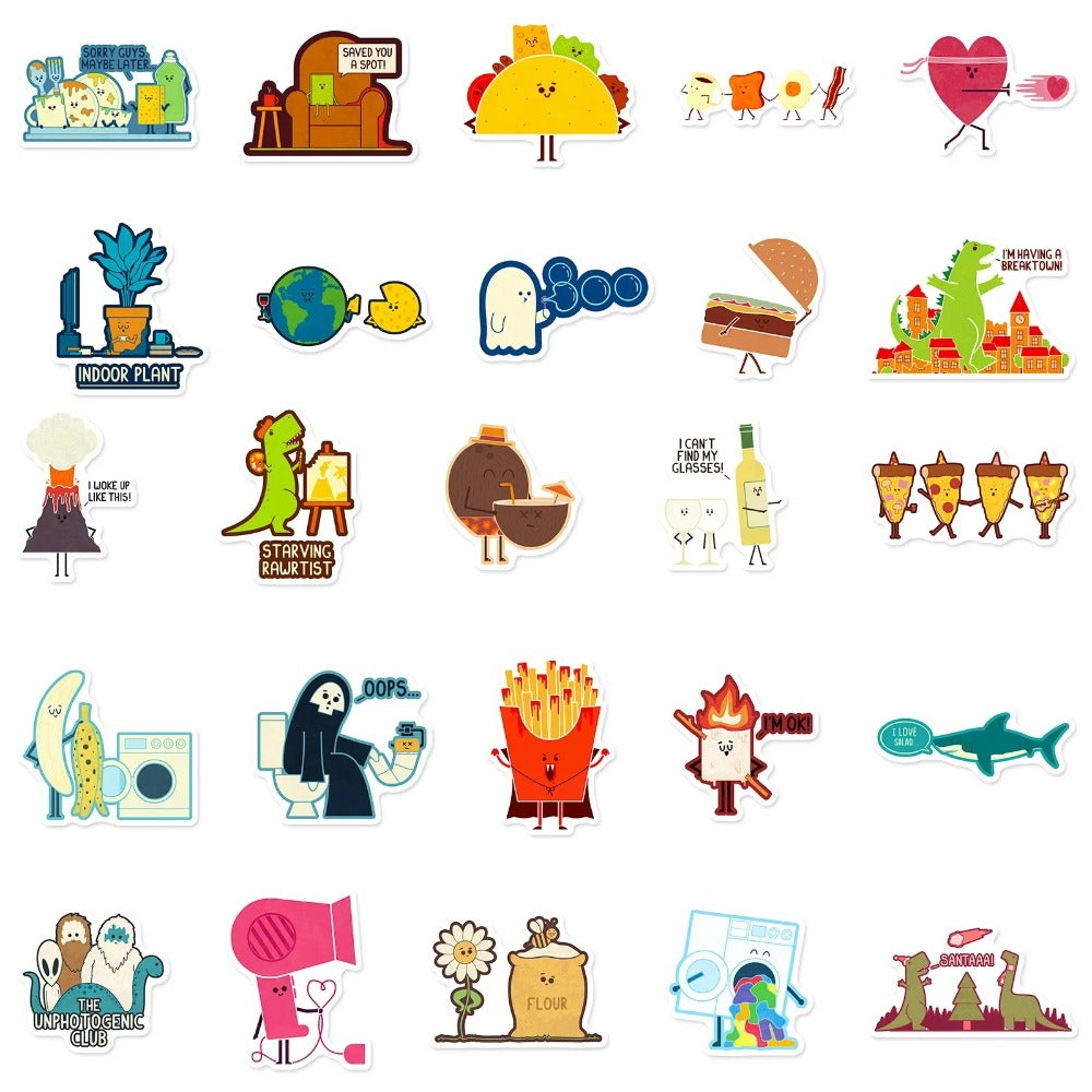 50PCS Cartoon Minimalist Food Girl-Themed Doodle Stickers for Suitcases, Guitars, DIY Scrapbooks, Wall Decals, and Toy Decorations