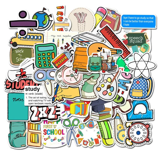 50PCS Study Supplies Doodle Stickers, Cute Stationery School Theme Vinyl Decals for Notebook, Laptop, Planner, Water Bottle, Back to School DIY Gift for Students