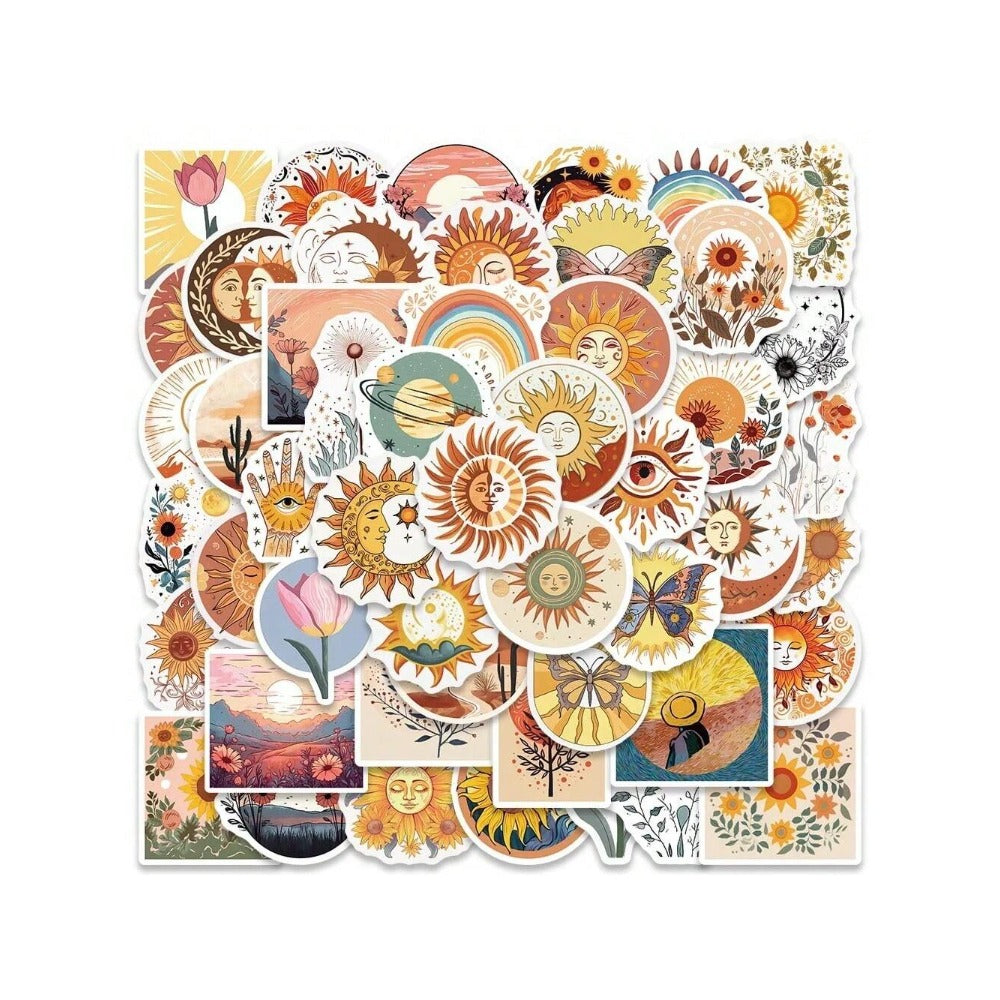 50PCS Cartoon Bohemian Sunflower and Cat Doodle Stickers Exquisite and Stylish DIY Journal Decorative Decals Suitable for Skateboards, Guitars, Helmets, Water Bottles, and Stationery Cases