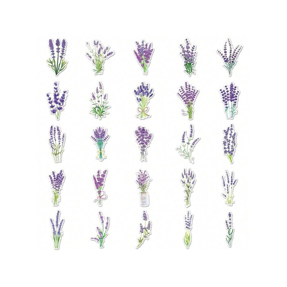 50PCS Cartoon Lavender Flowers Fresh & Chic Doodle Stickers Exquisite, Fashionable, Creative DIY Journal Decorations Perfect for Desks, Refrigerators, Skateboards, Guitars, Water Bottles, and Stationery Boxes
