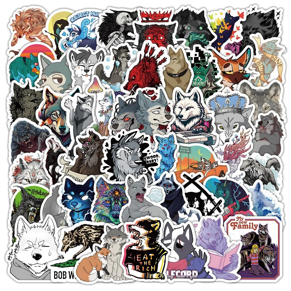 50PCS Cartoon Wild Wolf Animal Doodle Stickers Perfect for phone cases, laptops, desks, luggage, helmets, guitars, skateboards, water bottles, pencil cases, and exquisite DIY desktop decorations.
