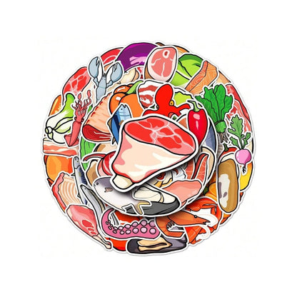 50PCS Cartoon Food Doodle Stickers - Exquisite Creative DIY Decorative Decals for Skateboards, Guitars, Laptops, Stationery Boxes, and Desktops