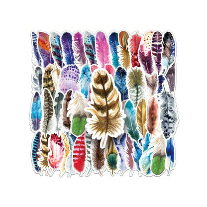 64PCS Cartoon Feather Pattern Doodle Stickers Exquisite and Stylish DIY Journal Decorative Decals Suitable for Suitcases, Desks, Laptops, and Stationery Cases