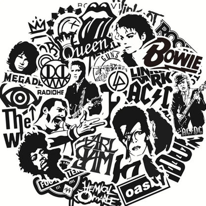 50PCS Punk Rock Band Black & White Waterproof Stickers Perfect for Suitcases, Skateboards, Water Bottles, Helmets Creative DIY Decorative Decals