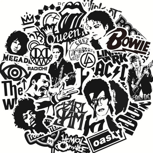 50PCS Punk Rock Band Black & White Waterproof Stickers Perfect for Suitcases, Skateboards, Water Bottles, Helmets Creative DIY Decorative Decals